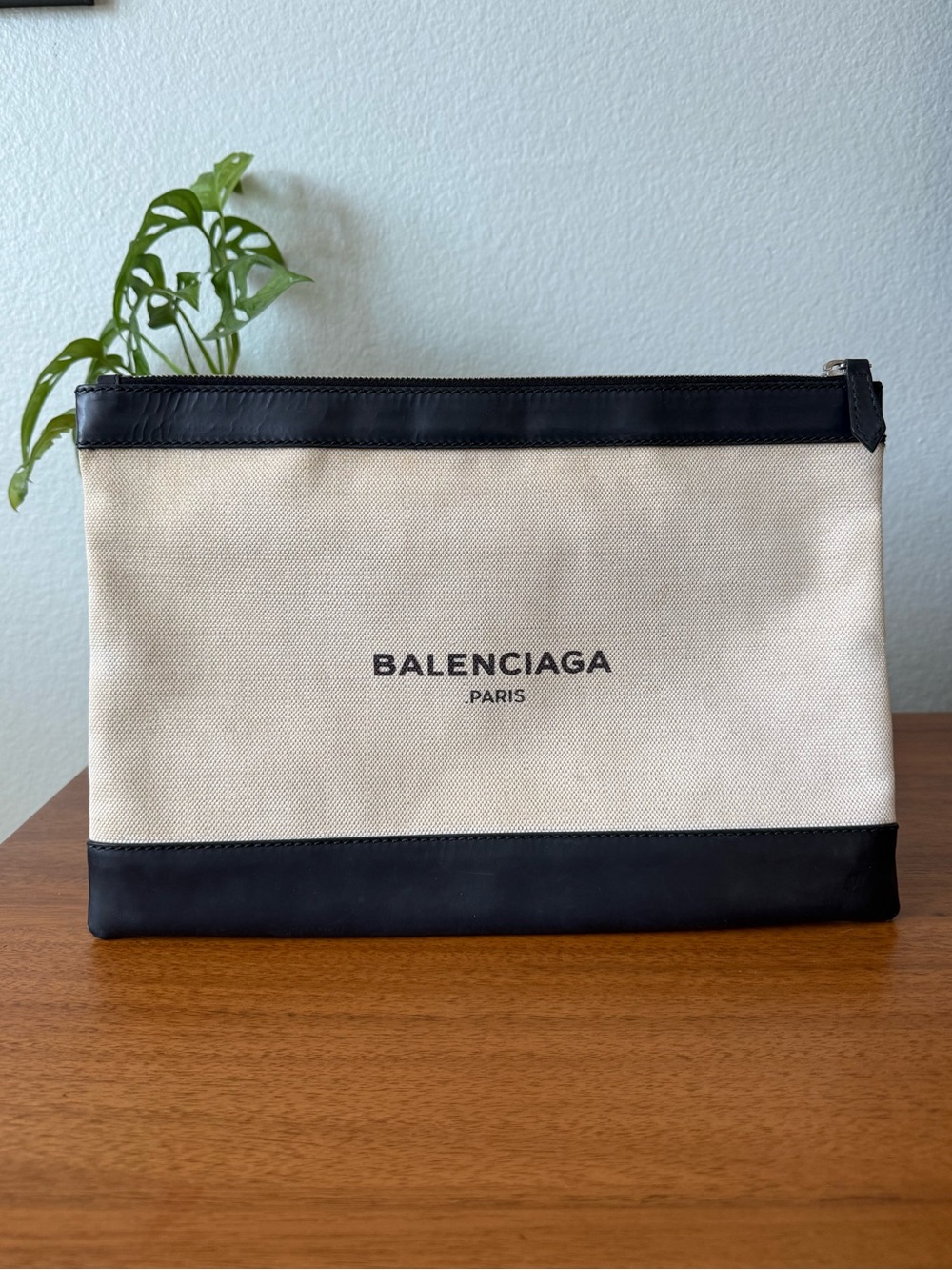 Balenciaga Navy Clip M Clutch Neutral Cream Canvas & Midnight Leather Purse Bag